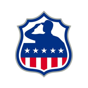 Icon retro style illustration of silhouette of an American soldier saluting USA stars and stripes, star spangled banner flag front view set inside crest shield on isolated background.