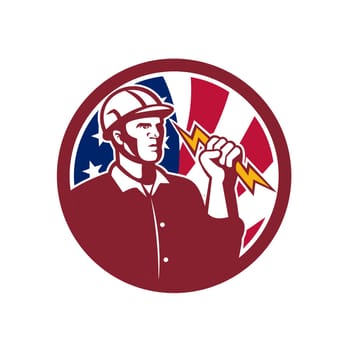 Icon retro style illustration of  American Power Lineman or electrician holding a lightning bolt with United States of America USA star spangled banner or stars and stripes flag inside circle.