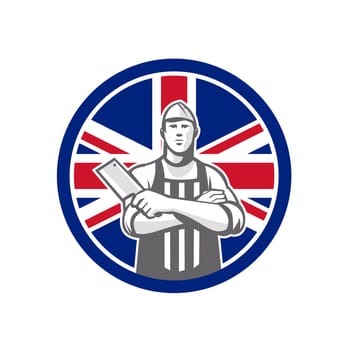 Icon retro style illustration of British butcher arms crossed holding a meat cleaver viewed from front  with United Kingdom UK, Great Britain Union Jack flag set inside circle on isolated background.