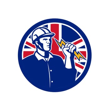 Icon retro style illustration of a British Power Lineman or electrician holding a lightning bolt with United Kingdom UK, Great Britain Union Jack flag set inside circle on isolated background.