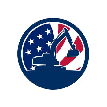 Icon retro style illustration of silhouette of American mechanical digger or excavator viewed from side  with United States of America USA star spangled banner or stars and stripes flag inside circle.
