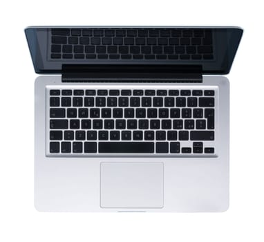 Modern metallic silver laptop isolated on white background, top view