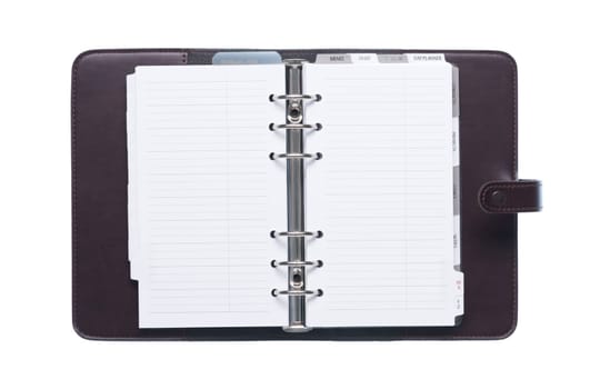 Open elegant leather organizer with blank pages isolated on white background