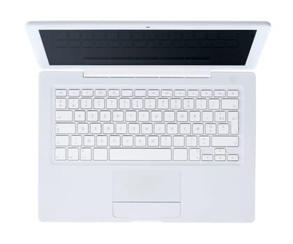 Modern white laptop isolated on white background, top view
