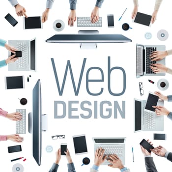 Web designers and developers team working at office desk, text at center, creativity and teamwork concept