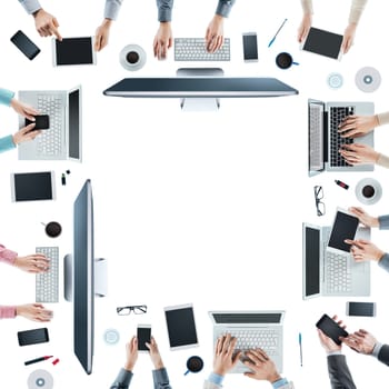 Business people team social networking, using computers, tablets and smartphones, top view, white background, blank copy space at center