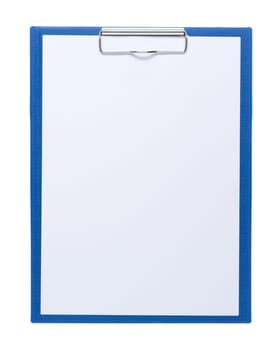 Blue clipboard with blank white sheet attached on white background