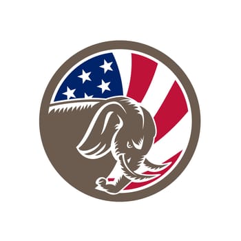 Mascot icon illustration of a Republican Elephant charging viewed from side with American USA stars and stripes star spangled banner flag on isolated background in retro style.