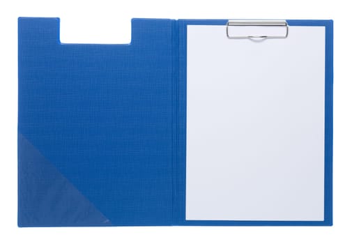 Blue clipboard with blank white sheet attached on white background
