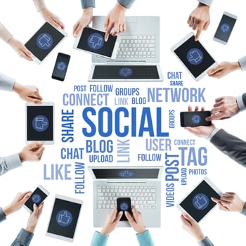 Business people social networking, using computers, touch screen tablets and smartphones, text concepts at center