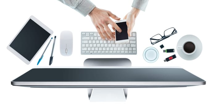 Businessman working at office desk and using a mobile touch screen phone, hands close up top view, white background