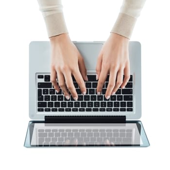 Business woman typing on a laptop keyboard on white background, top view, hands close up