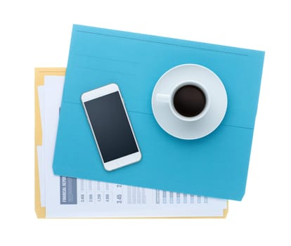 Smart phone, files, financial reports and coffee on white background, top view