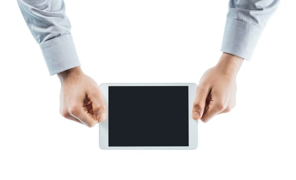 Businessman using a digital tablet hands close up with copy space, unrecognizable person