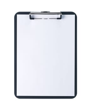 Black clipboard with blank white sheet attached on white background