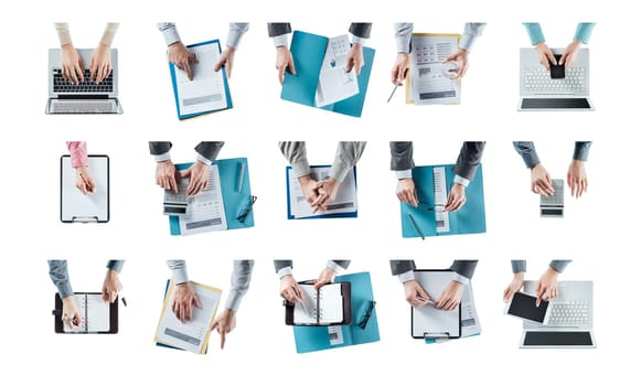 Business man hands at work set on white background, multitasking concept