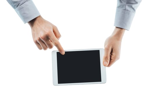 Businessman using a digital tablet hands close up with copy space, unrecognizable person