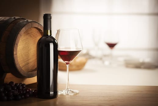 Red wine glass and bottle still life at restaurant.