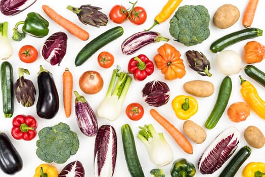 Assortment of fresh tasty vegetables on white background, healthy food concept
