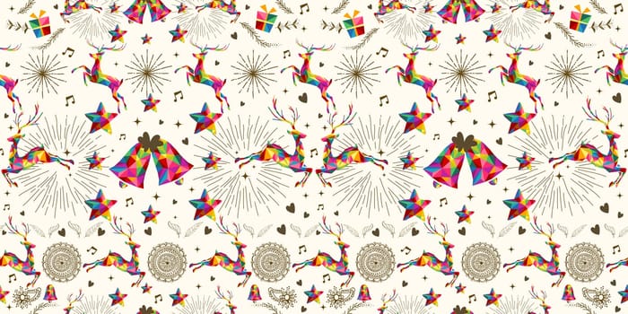 Christmas vintage retro style seamless pattern wrapping paper. Colorful triangles with grunge texture reindeer and snowflakes composition. EPS10 vector file organized in layers for easy editing.