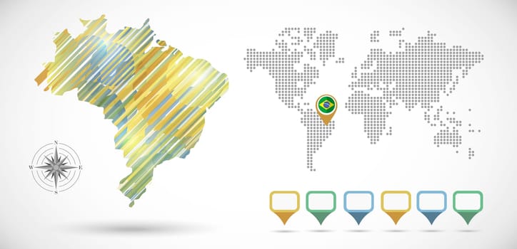 Infographic Brazil map with dotted map world. EPS10 vector with transparency organized in layers for easy editing.