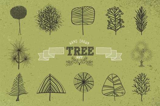 Unique hand drawn retro tree icons set. Vintage label and green grunge background design. EPS10 vector file organized in layers for easy editing.