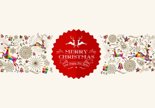 Vintage Christmas elements seamless pattern background with jumping reindeer over retro label. EPS10 vector file organized in layers for easy editing.