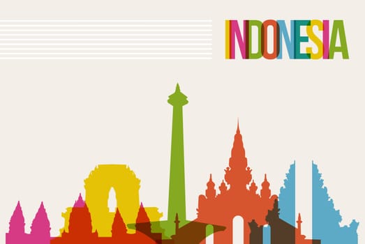 Travel Indonesia famous landmarks skyline multicolored design background. Transparency vector organized in layers for easy create your own website, brochure or marketing campaign.
