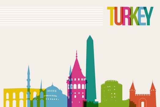 Travel Turkey famous landmarks skyline multicolored design background. Transparency vector organized in layers for easy create your own website, brochure or marketing campaign.