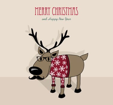 Merry Christmas and happy new year retro hipster reindeer in winter sweater cartoon greeting card. EPS10 vector organized in layers for easy editing.