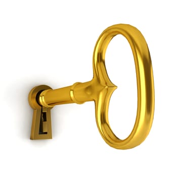 Key in a keyhole. 3d illustration on white background