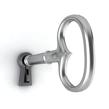 Key in a keyhole. 3d illustration on white background