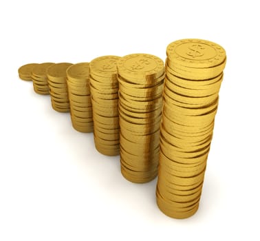 Increasing coin stacks. Savings concept. 3d illustration on white background