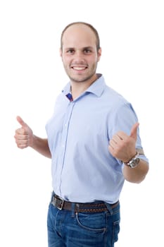 young casual man going thumb up, isolated on white