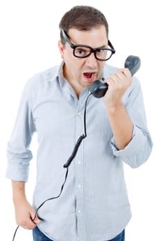 young man with a phone, isolated on white