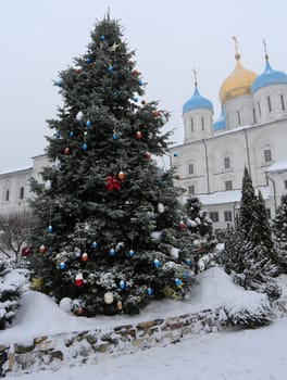Christmas tree in the ancient Novospassky Monastery in Moscow