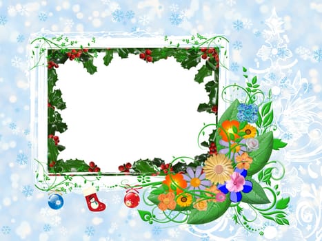 Card for the Winter holiday - christmas card with flowers on the snowy background