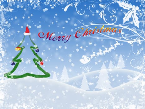 Christmas postcard with winter tree decorating