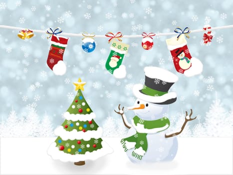 Christmas postcard with snowman and winter tree decorating