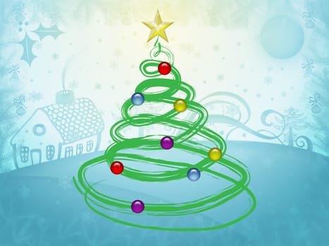 Christmas postcard with winter tree decorating