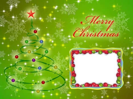Merry christmas card on the green background ornamented