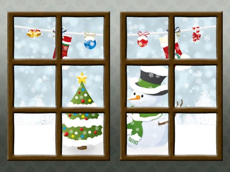 A winter view through a wood rustic window