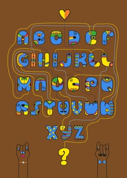 Artistic alphabet with encrypted romantic message We make a good team. Cartoon orange letters with bright decor. Funny hands looking at each other. Inscriptions - Decipher the message and Start here. Illustration
