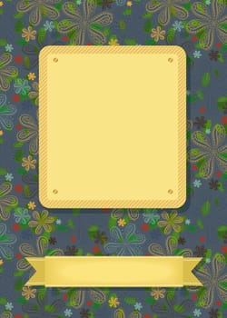 Floral greeting card. Colorful geometric flowers. Two yellow banners for custom text. Gray background