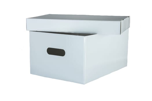 White opened cardboard box with handhold  isolated on white. transport concept. Carton compact paper