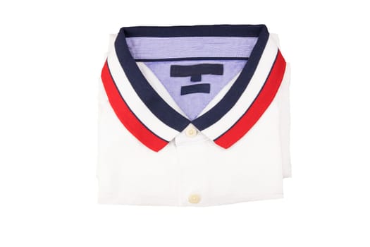 white polo shirt design with blue white red collar. on white isolated. folded. Stylish outfit for men.