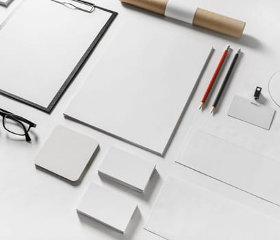 Photo of blank stationery set on paper background.
