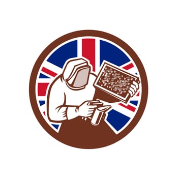 Icon retro style illustration of a British beekeeper, honey farmer, apiarist, or apiculturist, holding a smoker and beehive with United Kingdom UK, Great Britain Union Jack flag set inside circle.