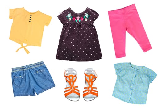Collection of child's clothes. Kid's summerclothing set isolated.
