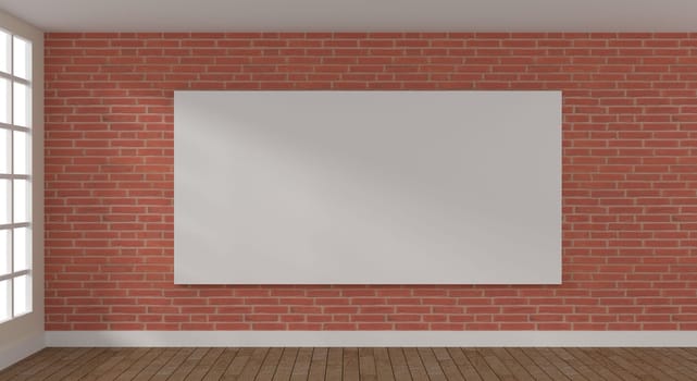 Big Mock up poster in a modern room with a brick wall and wooden floor, 3d rendering